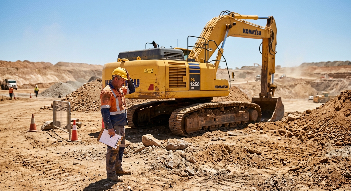 מנהל עבודה חובש קסדה צהובה מחזיק לוח כתיבה באתר עבודות עפר לצד מחפר צהוב גדול מסוג קומטסו.