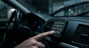 תקריב של אצבע לוחצת על מקש בקודן אבטחה (אימובילייזר) המותקן על לוח המחוונים ברכב, על רקע שמשה רטובה מגשם