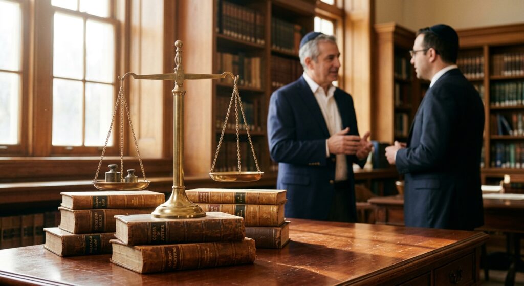 מאזני צדק מונחים על ספרי חוק עתיקים במשרד עורכי דין, כשברקע שני עורכי דין דתיים חובשי כיפה משוחחים ביניהם בספרייה משפטית